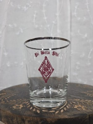 PI BETA PHI   Rocks Low Ball Whiskey Glass Vintage Black Silver Rim Red Logo
