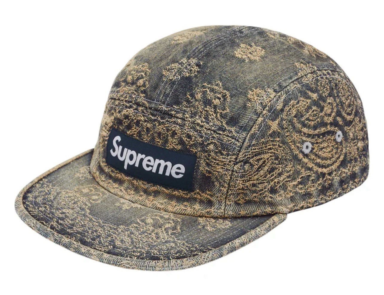 Casquette de camp en denim jacquard Supreme Bandana bleu SS25 chapeau cachemire NEUF à la main