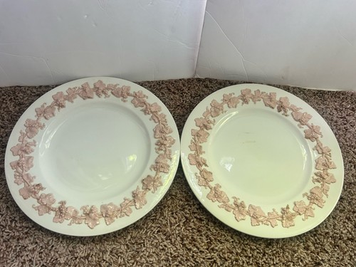 2 Vtg WEDGWOOD Queen's WARE EMBOSSED PINK ON CREAM GRAPES 10 1/2" Dinner Plates
