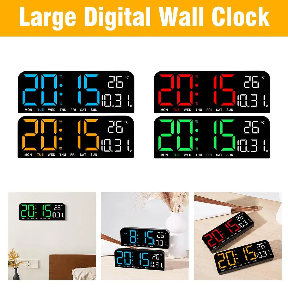 Digital LED Large Display Wall Desk Alarm Clock With Calendar Temperature Date photo