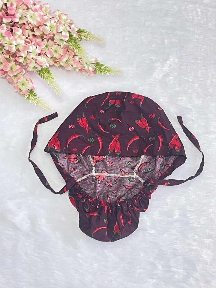Chili Print Ponytail Scrub Cap: Satin Lined Surgical Hat, Hats For Women - Image 4 of 4