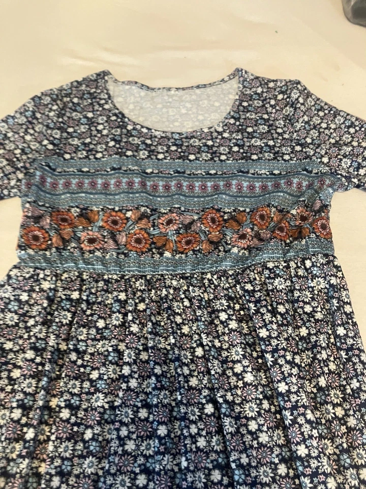 Maxi Vestido Solero Château Champagne, XL, Bohemio Hippie, Patrón Floral Pavo Real Foto 4 de 4