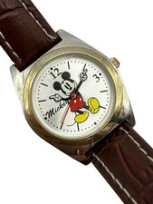 Disney Mickey Mouse Watch Moving Hands Two Tone Red Leather Band New Battery