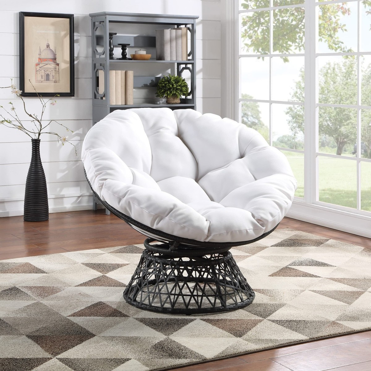 Wicker Papasan Chair with 360-Degree Swivel, Grey Frame with White