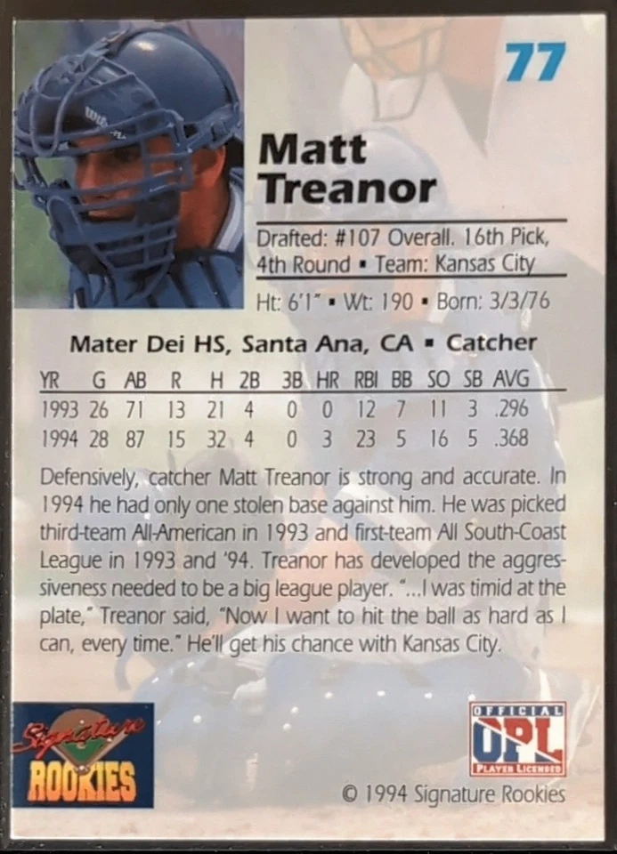 1994 SIGNATURE ROOKIES MATT TREANOR AUTO #77 /7750 RC - Image 2 of 2