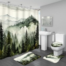 Misty Forest Bathroom Set 4 PCS Shower Curtain Rugs Dark Green Woodland Mat