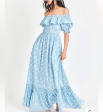 Loveshackfancy Tara Maxi Dress Women's Sz 12 Blue White Floral RARE Cottagecore