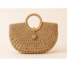 Womens Natural Straw Woven Handbag Semi Circle Tote Beach Bag Tan Open Weave