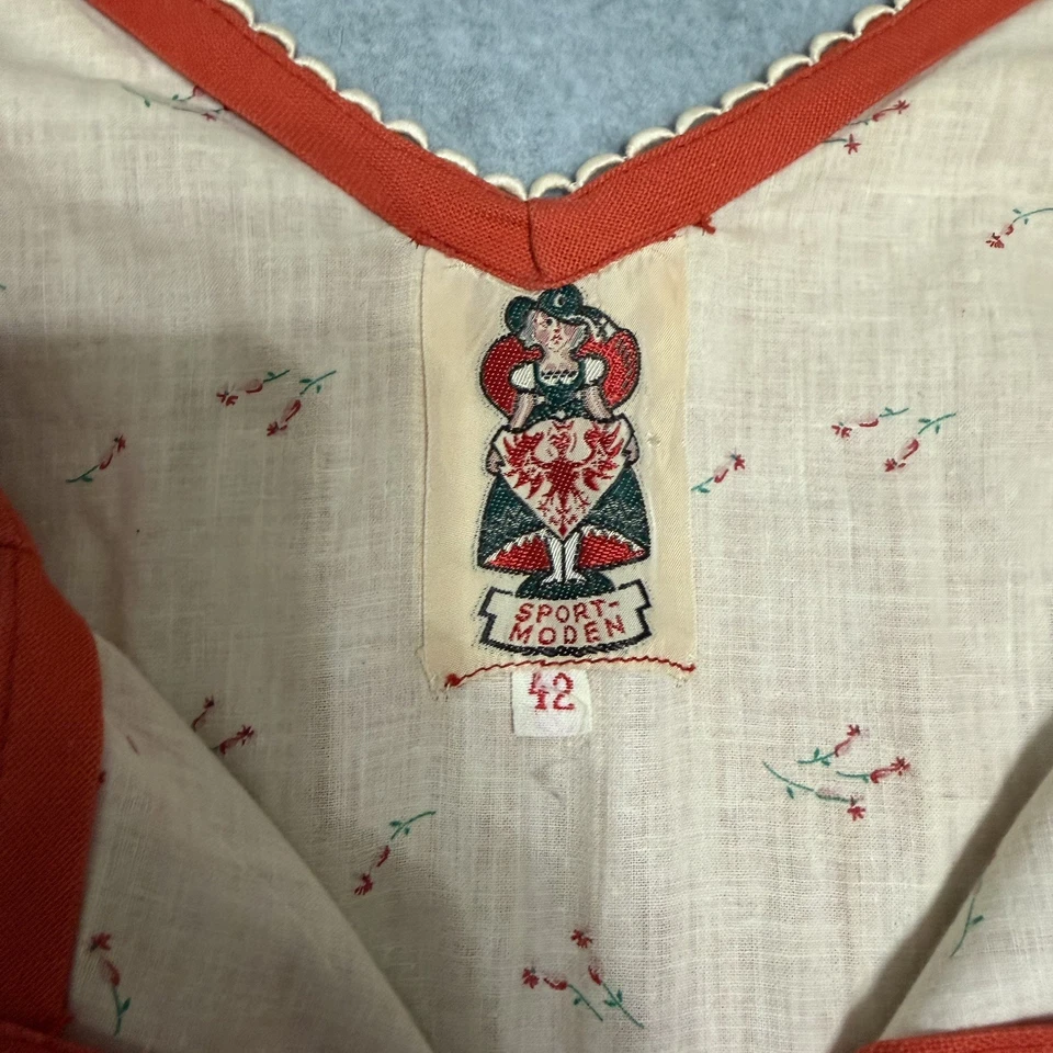 🥨 Vestido Dirndl Alemán Vintage 42 EE. UU. 10 Rojo Lino Folk Cottagecore Trachten 🍄 Foto 2 de 4