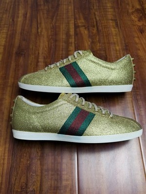 Gucci Bambi Web Sparkle Glitter White Gold Green Red Sneakers - Size 36G 6US