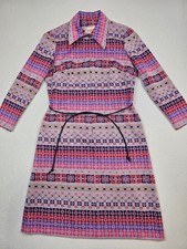 Vintage 60s 70s Kay Windsor Long-Sleeve Belted Geometric Pattern Dress S/M