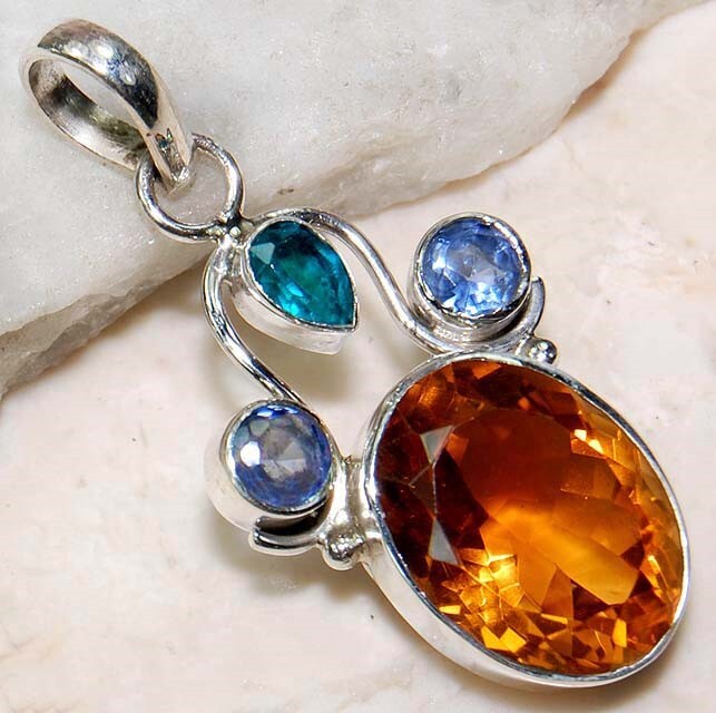 4CT Natural Golden Citrine and Iolite Sterling Silver Pendant