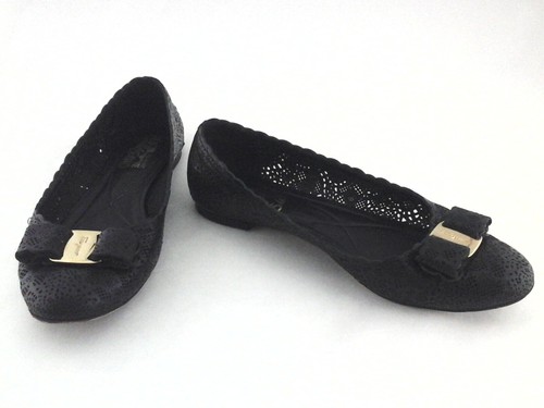 SALVATORE FERRAGAMO Varina Bow Ballet Flats Black Laser Cut US 7 EU 38 $595 - Picture 4 of 11