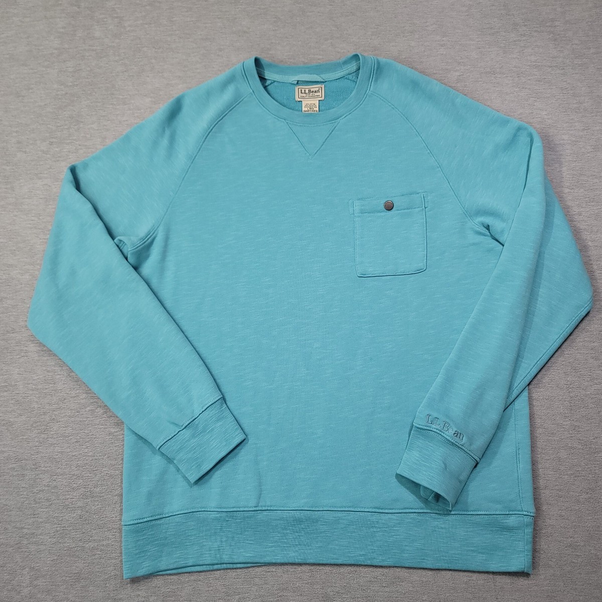 LL Bean Sweatshirt Mens Large Blue Knit Lakewashed Crewneck Chest Pocket