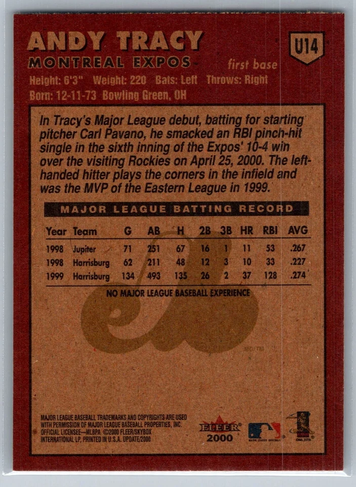 2000 FLEER TRADITION UPDATE BASEBALL U14 ANDY TRACY EXPOS / FREE SHIPPING - Image 2 of 2