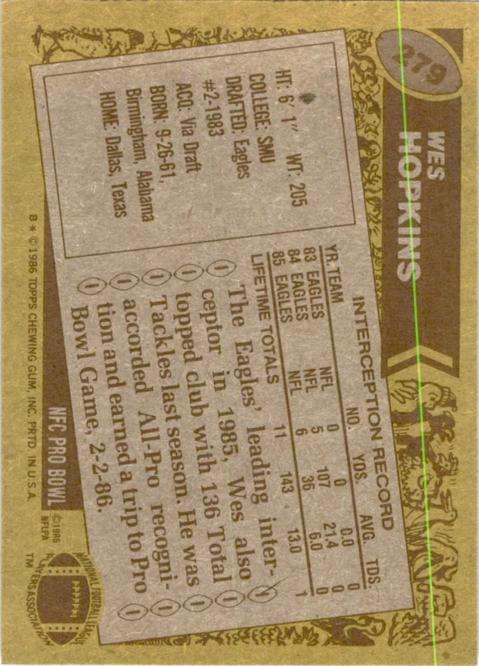 1986 TOPPS WES HOPKINS PHILADELPHIA EAGLES #279 - Image 2 of 2