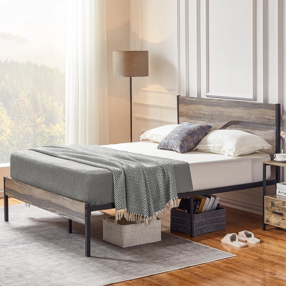 Marco de cama de metal doble/completo/queen con cabecero de madera soporte de listones de alta resistencia pizarra Foto 2 de 4