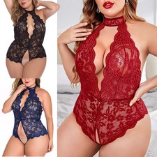 Sexy Women Lingerie One Piece Halter Babydoll Bodysuit Lace Sleepwear Plus Size