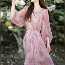 Summer New Womens Lace Mesh Long Dress Print Flower Round Neck Long Sleeve Dress