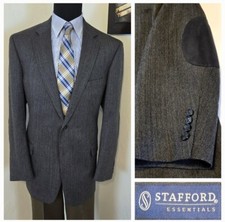 Stafford 46L Tweed Elbow Patch Blazer Sport Coat Gray Wool Herringbone Jacket