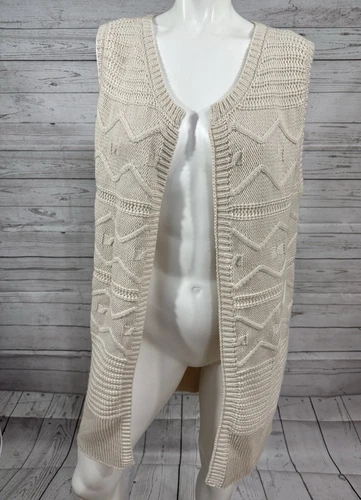 Long Cardigan Sleeveless Sweater Womens L Cream Open Front Western Boho Indie