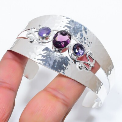 Purple Amethyst Gemstone 925 Sterling Silver Handmade Jewelry Bangle Size 7-8
