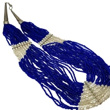 Silver Tone Cobalt Blue Seed Beads 24 Strands 20” Necklace Vintage