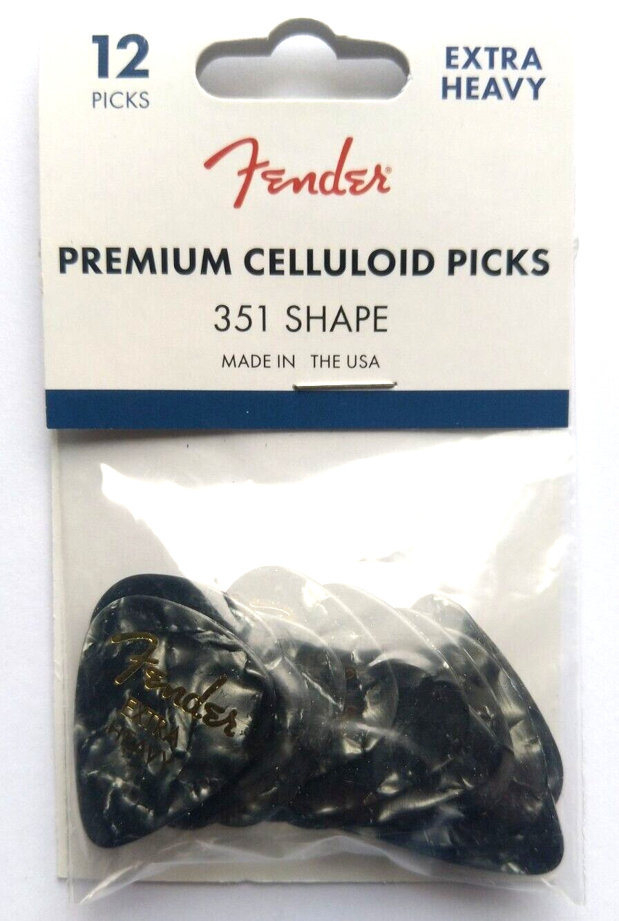 12 Fender® 351 Picks, Extra Heavy Black Moto, Plectrum Hang Bag