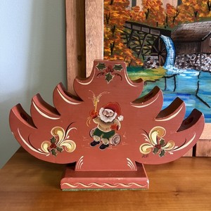 VTG God Jul Scandinavian Christmas Tree Candle Holder Wood Folk Art Signed
