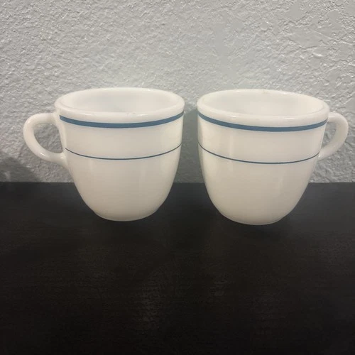 VTG Pair Pyrex Milk Glass Blue Stripe Coffee Mugs #723-21  723-40 In Great Condi