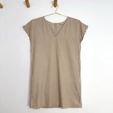 Madewell Button Back Easy Dress V-Neck Short Sleeve Mini Neutral Tan Stripe S