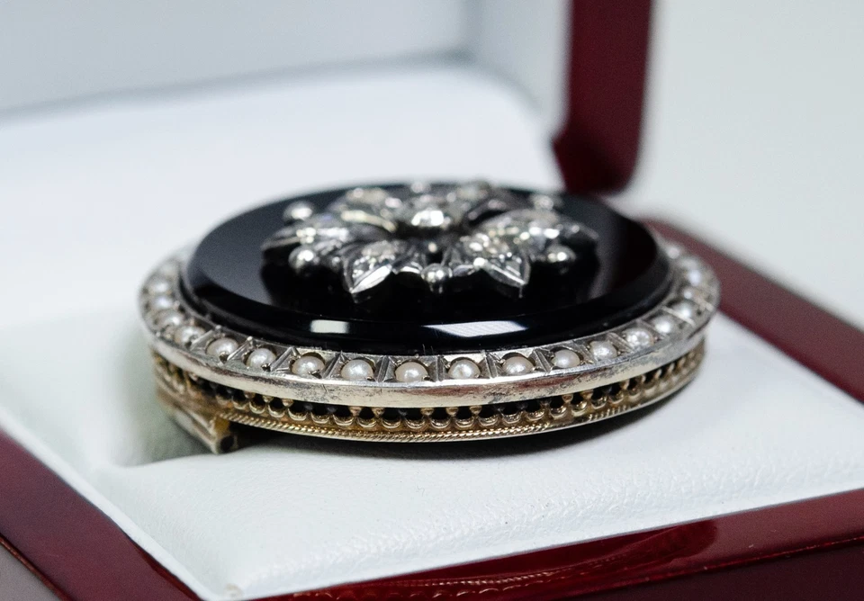 Argento - Antico Vittoriano Spilla - Diamante / Onice / Perline - Austria - Immagine 3 di 4