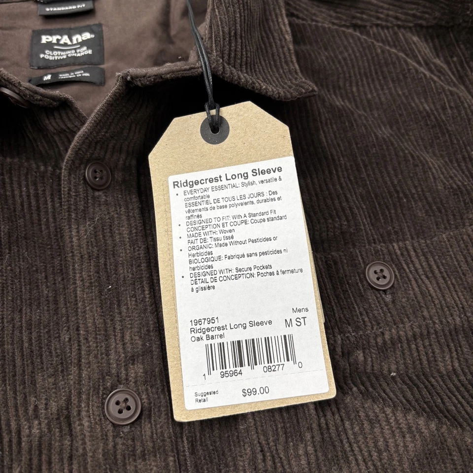 NEW prAna Shirt Mens Medium Ridgecrest Corduroy Oak Barrel Brown Standard Fit - Image 2 of 4
