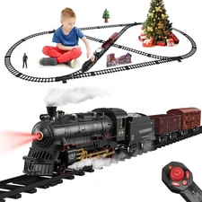 Train Set for Kids Remote Control Steam Locomotive Retro Train, with Railroad...