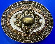 Gorgeous Victorian Style Pearl Rhinestone Oval Vintage USA Made Belt Buckle