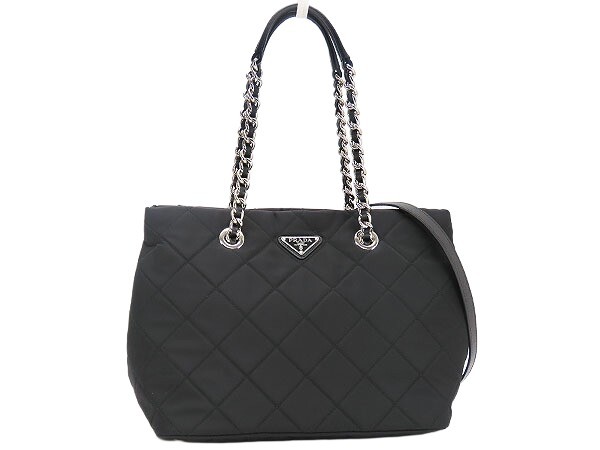 Prada Tessuto Impuntu 2Way Quilted Chain Shoulder Tote Bag Black Nylon 1BG740