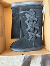 Ugg Koolaburra K Victoria Tall Winter Boots Girls Sz 1 Suede Faux Fur Bow Black