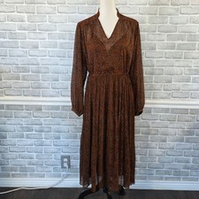 Uniqlo Chiffon Pleated Long Sleeve Dress Brown Paisley Western Feminine Med