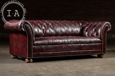 Deep Oxblood Leather Chesterfield Sofa with Nailhead Trim