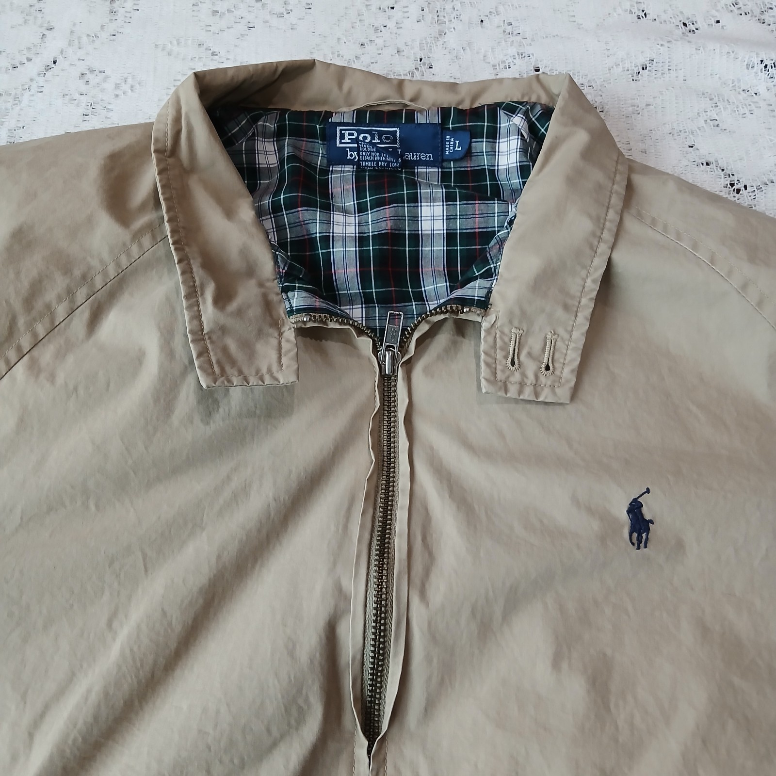 Vintage Polo Ralph Lauren Harrington Jacket Mens L Luxury Beige Plaid Lining 