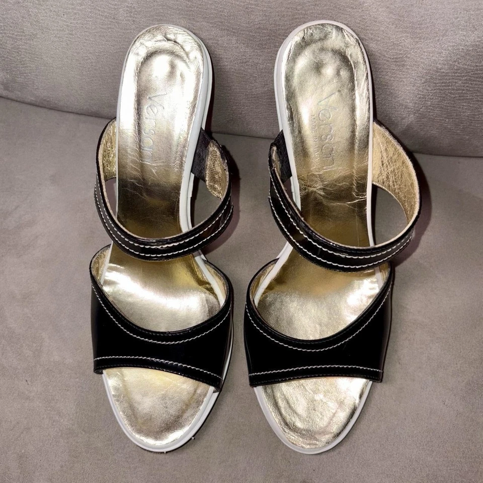 Tacones altos de cuero italiano Versani con forro dorado - talla 6 diseñador vintage Foto 3 de 4