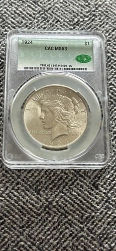 1924 Peace Silver Dollar CAC Certified MS63 Beautiful Coin