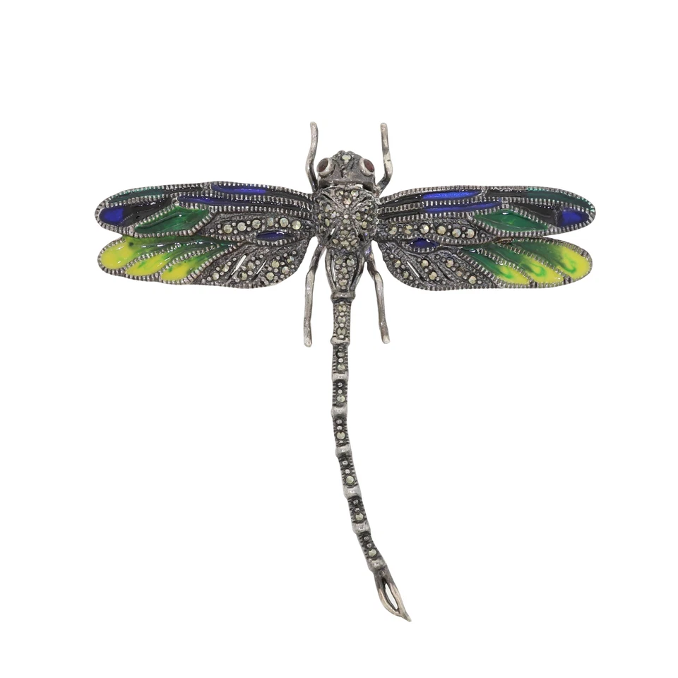 Hermoso broche prendedor mosca dragón marcasita esmalte grande plata esterlina 925 de colección