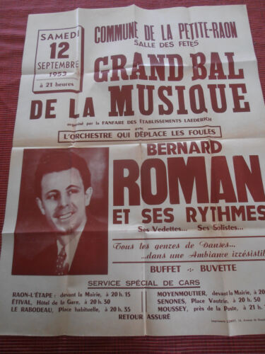 affiche orchestre BERNARD ROMAN bal Petite Raon Vosges 88 année 1953 ( ref 22 )  - Afbeelding 1 van 1