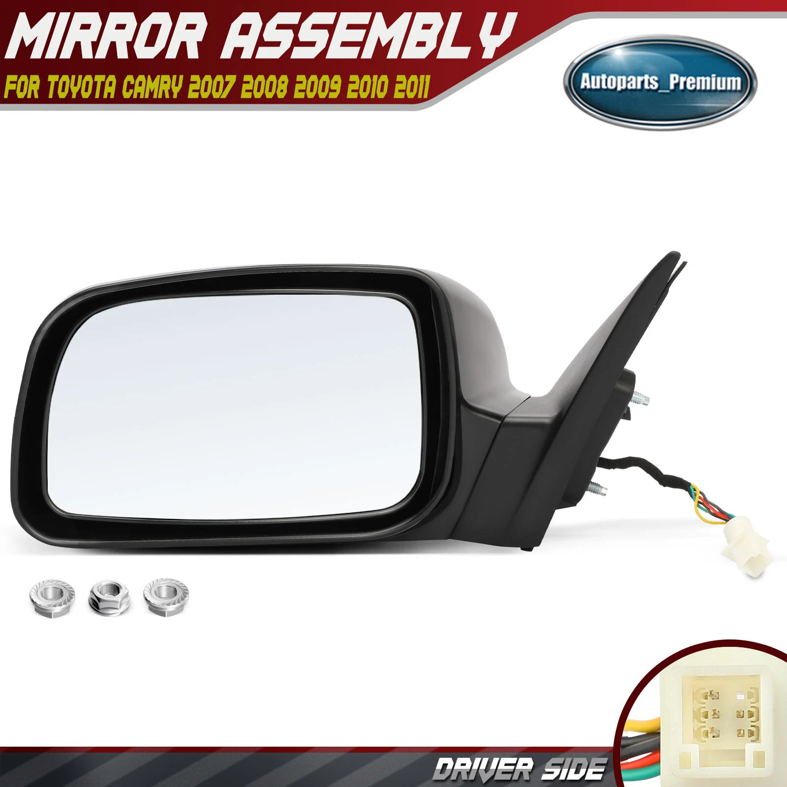 Left Driver Black Mirror with Heated & Power Adjust for Toyota Camry 2007-2011