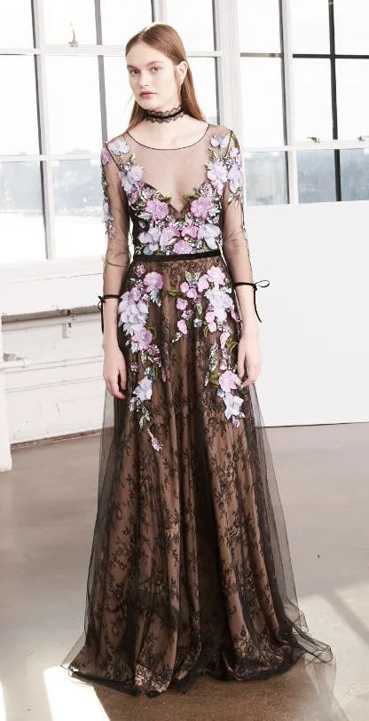$1195 NEW MARCHESA NOTTE 3D Floral Embroidered Lace Gown Black Pink Dress 0  4 12