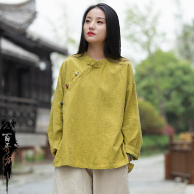 Women's Ethnic Linen Cotton Long Sleeve Shirt Tops Loose Frog