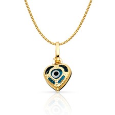 14K Yellow Gold Evil Eye Heart Charm Pendant  1.2mm Open Wheat Chain Necklace