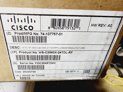 Cisco WS-C2960X-24TD-L Stackable Ethernet Switch 24-Ports Rack Mountable Black