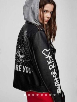 Pull & Bear Punk Moto Biker Metal Rivet Graphic Print Faux Leather Jacket Black